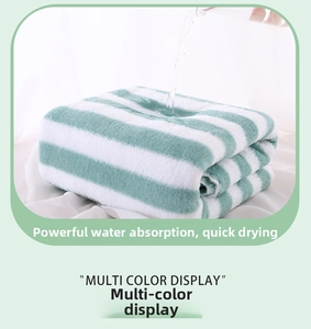 Close-up of sage green striped coral fleece towel showing rapid water absorption
