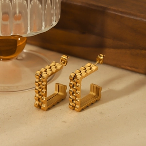 Vintage Geometric Square Stud Earrings 18K Gold Plated Stainless Steel Texture U Shape Fashion Jewelry For Women