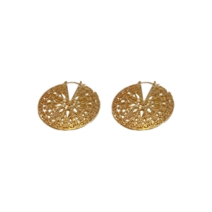 Vintage hollow disc gold hoop earrings with intricate geometric cutout patterns