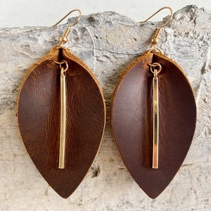 Leaf Drop Earrings Genuine Leather With Copper Hook Vintage Western Cowboy Style Geometric Metal Bar For Women