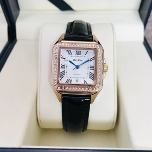 Elegant women's square quartz watch with crystal bezel and black crocodile leather strap