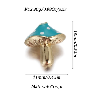 Detail view of teal mushroom earring with white dots and gold copper stem dimensions