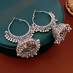 Vintage silver hollow Jhumka hoop earrings with ethnic bohemian metal bead details