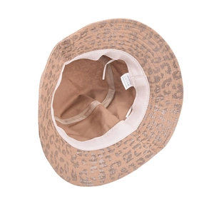 Detailed internal view of leopard print cotton bucket hat with white fabric label