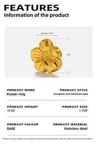 Macro detail of chunky 18K gold plated flower ring showing 4cm height and size measurements