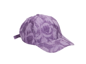 Close-up of purple baseball cap featuring unique textured fabric and premium stitching