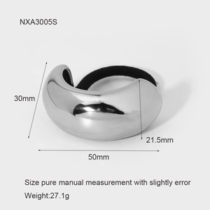 Silver geometric metal hair cuff with elastic band dimensions and product specifications