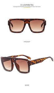 Detail of square leopard print sunglasses with gradient tea lenses and silver rivets
