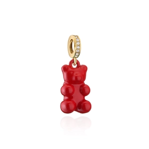 Red teddy bear pendant with gold crystal-encrusted ring shown on a white background