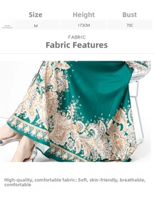 Detail view of dark green paisley silk dress fabric with model size measurement chart