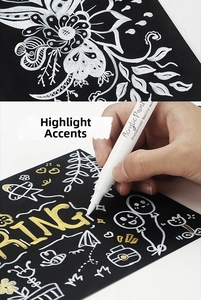 White and gold acrylic paint markers showing high coverage on black paper for art drawing
