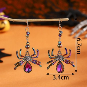 Gothic Halloween spider drop earrings with purple crystal and colorful metallic finish