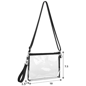 Transparent PVC stadium bag with adjustable black shoulder strap and zipper closure