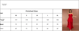Size chart for strapless V-neck ruffle evening dress with detailed measurements