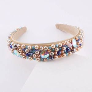 Baroque Wide Brim Padded Headband For Women Vintage Handmade Artificial Pearl Rhinestone Crystal Beaded Hair Hoop Hair Accessories
