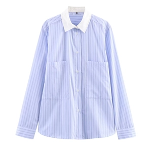 Striped Blouse Contrast Collar Dual Pockets Long Sleeve Button Down Polyester Poplin Shirt For Women