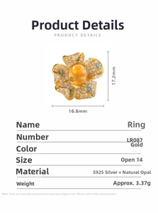Detailed size specifications and S925 silver material for this opal flower ring