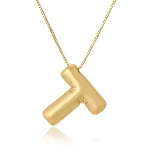 Detailed close-up of golden puff letter T pendant with polished mirror finish and box chain