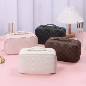 Waterproof PU leather checkerboard makeup bags in beige, pink, black and brown colors