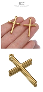 Close-up of golden stainless steel cross pendant with polished finish and top ring