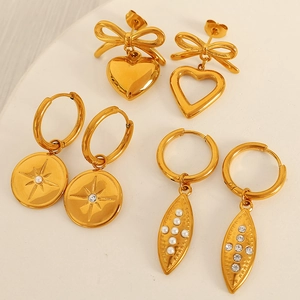 Stainless Steel Gold Plated Dangle Earrings For Women With Bowknot Heart Starburst Leaf Rhinestone Artificial Pearl Vintage Fashion