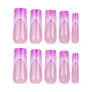 French style long coffin press-on nails with pink purple gradient and 3D wave texture