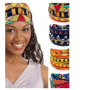 Detail of African print headbands showing elastic fabric texture and bohemian patterns