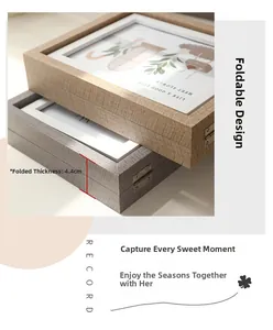 Detail view of foldable double-sided wooden photo frame showing 4.4cm thickness