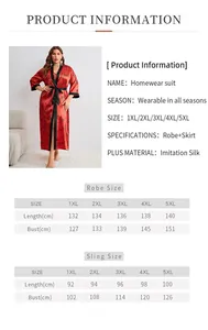 Size chart detail for plus size heart print silk robe and nightgown sleepwear set
