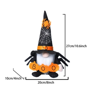 Front view of Halloween spider gnome with 27x20x10cm dimensions on white background
