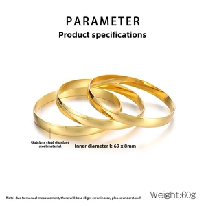 Detailed view of 8mm wide golden stainless steel bangles with 69mm inner diameter