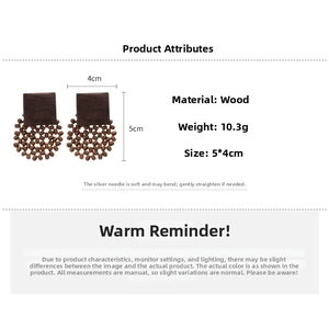Detail showing wood square and bead earrings with 5x4cm dimensions and 10.3g weight