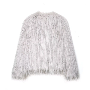 Women's faux fur coat in light grey featuring a warm long-pile plush finish for winter