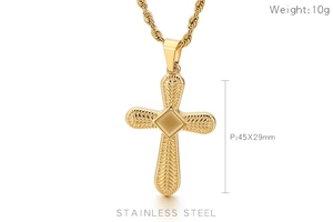 Detailed specs of gold stainless steel cross pendant with 45x29mm size and 10g weight
