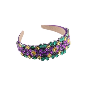 Baroque padded headband with colorful crystals in purple, green, and yellow rhinestones