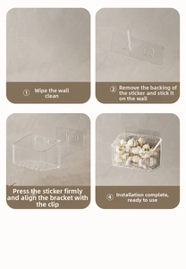 Four-step installation guide for wall-mounted garlic storage box with adhesive strips