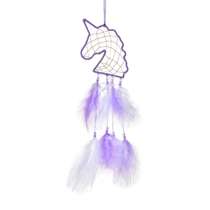 Unicorn dream catcher with purple feathers and golden net for wall decoration
