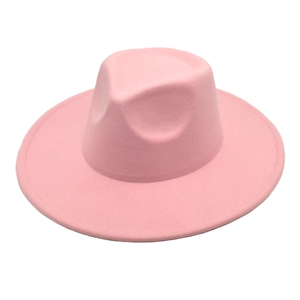 Top view of a pink wide-brim wool felt fedora hat with a classic teardrop crown design