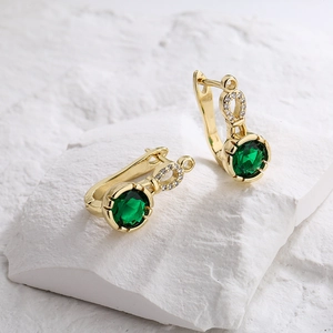 Elegant 18K gold plated geometric earrings with green gemstone and zircon accents