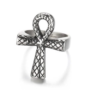 Vintage punk style stainless steel Ankh cross ring with textured snake pattern