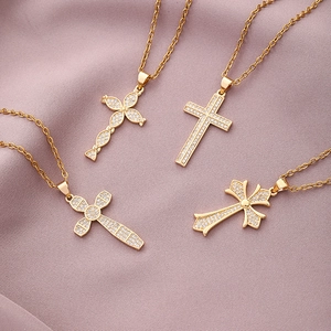 Cross Pendant Necklace Gold Plated Copper Zircon Inlaid Stainless Steel Chain Trendy Hip Hop Jewelry For Men Women Gift