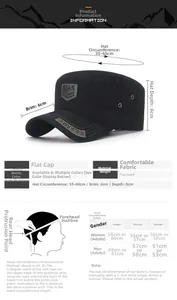 Size chart for military style flat top cap with US Army embroidery and 55-60cm headband