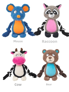 Close-up of durable cotton rope and plush dog chew toys in animal character designs