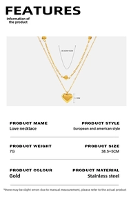 Détails du collier cœur double couche doré montrant les dimensions et le poids de 7g