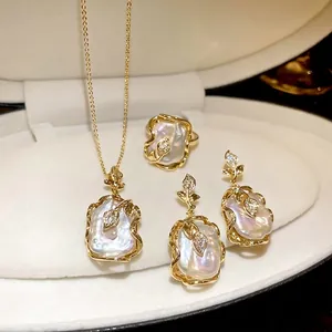 Bijoux Fleur Künstliche Perle Baroque Collier Boucles D'oreilles Bague Plaqué Or Avec Tige En Argent 925 Zirconia Vintage Français