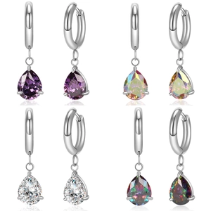Titanium steel hoop earrings with colorful teardrop zircon pendants in four vibrant colors