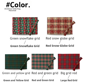 Detail view of five assorted red and green Christmas plaid festive table runner patterns