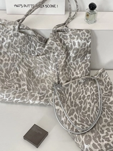 Leopard Print Tote Bag Metallic Silver Grey Large Capacity Polyester Shoulder Bag With Front Pocket For Women Casual