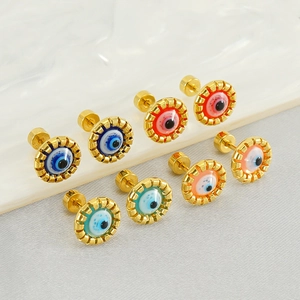 Orecchini Evil Eye Placcati Oro 18k Acciaio Inossidabile Resina Tondi Chiusura A Vite Piatta Minimalista Boho Donna