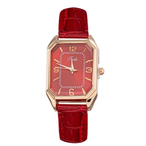 Elegant rectangular women's watch with red crocodile leather strap and rose gold case